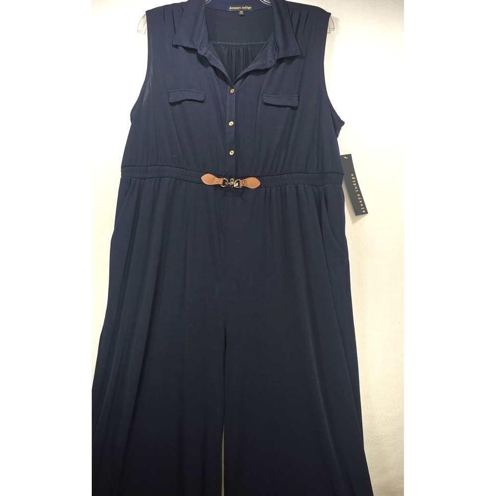 Always Indigo Navy Blue Sleeveless Wide Leg Jumpsuit Womens 3X NWT Belted